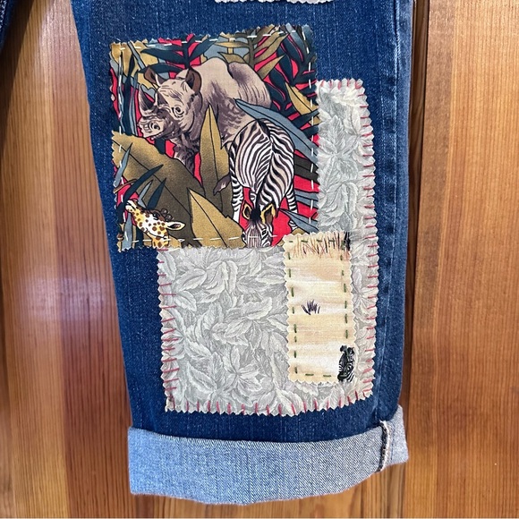 Levi’s 505 strght leg 14 S patchwork, hand, stitched jeans, safari jungle design - Picture 7 of 11